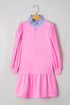 Contrast Striped Collar Patchwork Puff Sleeve Ruffle Hem Mini Dress